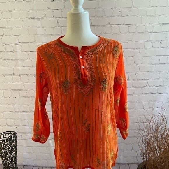 bright and Sheer Peasant Style Pullover Blouse M - Picture 1 of 2